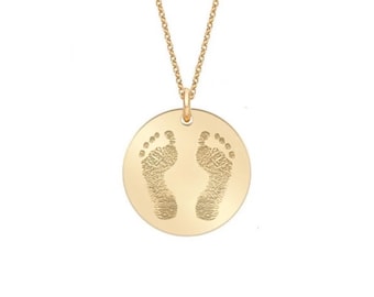 Solid 14k gold baby's actual hand or footprint pendant necklace  • Custom personalized push gift for Mothers • fingerprints • real gold