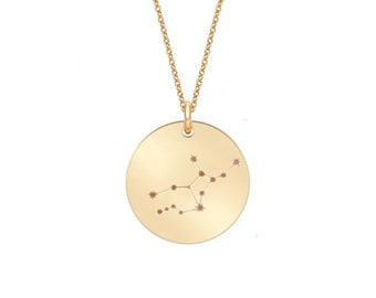 Custom engraved constellation pendant necklace in all solid 14k gold • yellow, rose or white gold • personalized Zodiac necklace