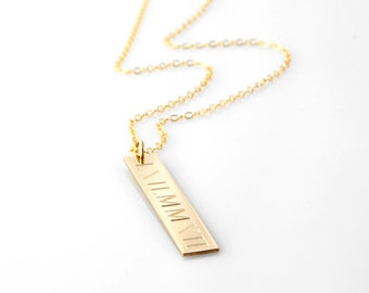Solid 14K Yellow Gold custom engraved vertical bar nameplate necklace Roman numerals, compass coordinates & symbols • save the date