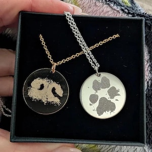 Your pet's actual paw or nose print custom personalized pendant necklace Sterling silver or 14k gold filled. Various diameters available image 2