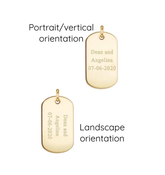 Custom engraved petite dog tag in Solid 10K or 14K Gold • Various size charms • Names, words, logos, coordinates, dates and signatures.
