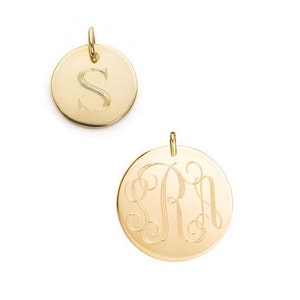 Solid 14k gold custom engraved monogram pendant in various diameters • initials, words, names or dates charm in yellow, rose or white gold