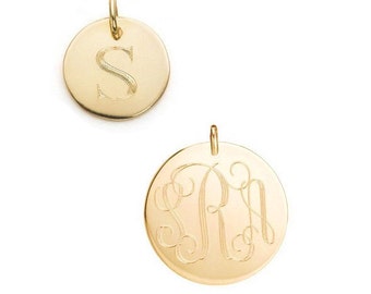 Solid 14k gold custom engraved monogram pendant in various diameters • initials, words, names or dates charm in yellow, rose or white gold