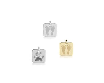 Solid 14k yellow, white or rose gold petite rounded square charm with your baby's actual hand & footprints • pet paw print •