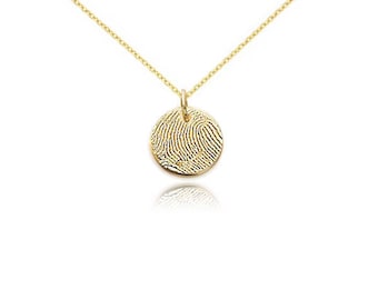 Double sided petite actual fingerprint pendant necklace in solid 14k yellow gold • custom actual fingerprint charm • Memorial jewelry