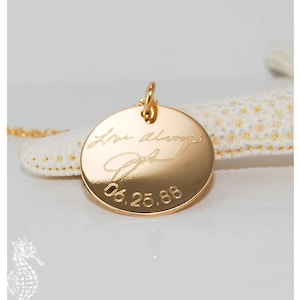 Solid 14k gold custom engraved actual handwriting pendant necklace  • quotes or signatures in real gold