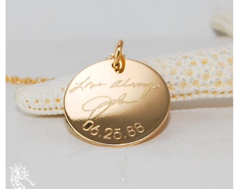 Solid 14k gold custom engraved actual handwriting pendant necklace  • quotes or signatures in real gold
