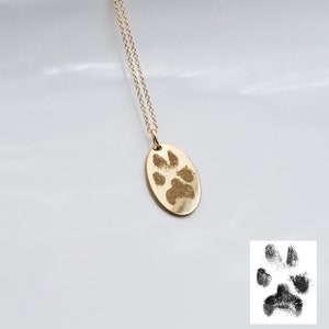 Oval solid 14k yellow gold actual paw print pendant • Baby hand or footprint charm • Custom engraved • Pet memorial jewelry Real gold