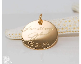 Actual handwriting Solid 14k yellow, rose or white gold pendant  • Custom engraved • Exact replica of writing, artwork or logos