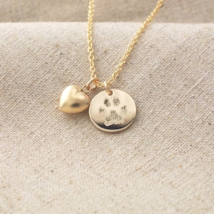 Your pet&#39;s actual paw print custom personalized pendant and puffed heart charm gold fill necklace • Various diameters • Pet memorial jewelry
