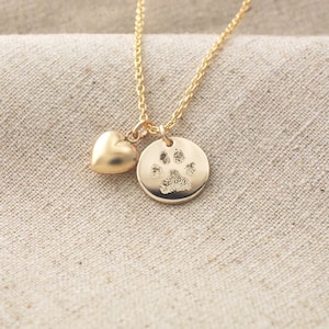 Your pet's actual paw print pendant and puffed heart charm necklace in 14k yellow gold fill or sterling silver • custom pet memorial jewelry