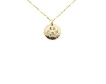 Petite actual paw print pendant necklace in solid 14k yellow gold • optional puffed heart charm • Memorial jewelry