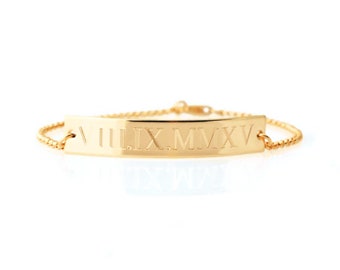 Solid 14k gold nameplate bar ID bracelet custom engraved with actual handwriting, quotes, Roman numerals or GPS coordinates in Real Gold