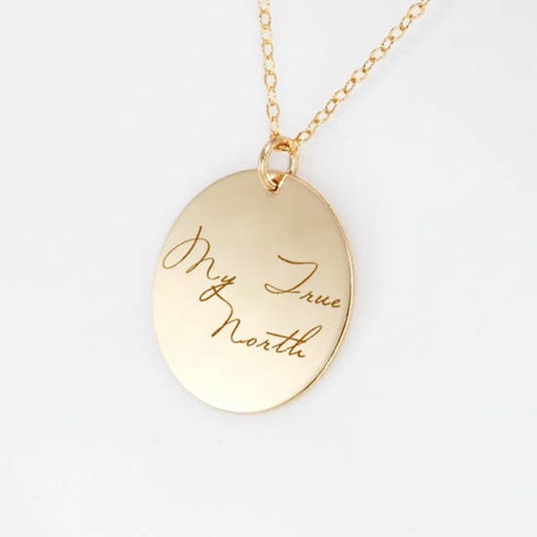 Custom engraved actual handwriting necklace in 14k yellow gold fill or sterling silver • personalized memorial heirloom keepsake