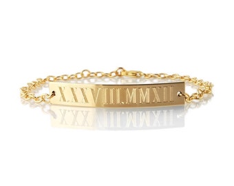 Roman numeral ID bracelet • compass coordinates or names engraved bar nameplate bracelet 14k Gold fill or Sterling Silver • Personalized