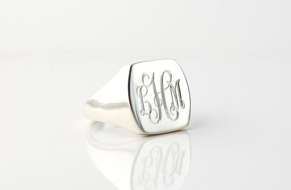 Custom engraved sterling silver monogram cushion cut signet ring for …