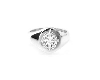 Compass Rose or any other custom design Signet ring in sterling silver - Engrave any crest or logo US sizes 4 5 6 7 8 9 10 11 12 UNISEX