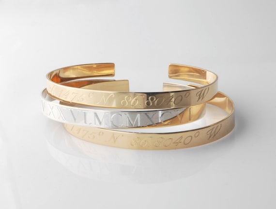 GPS Compass Coordinate Custom Engraved Cuff Bracelet • Sterling