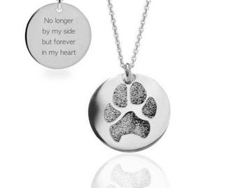 Your pet's actual paw print and quote custom engraved memorial pendant necklace Sterling silver or Gold filled Various diameters available