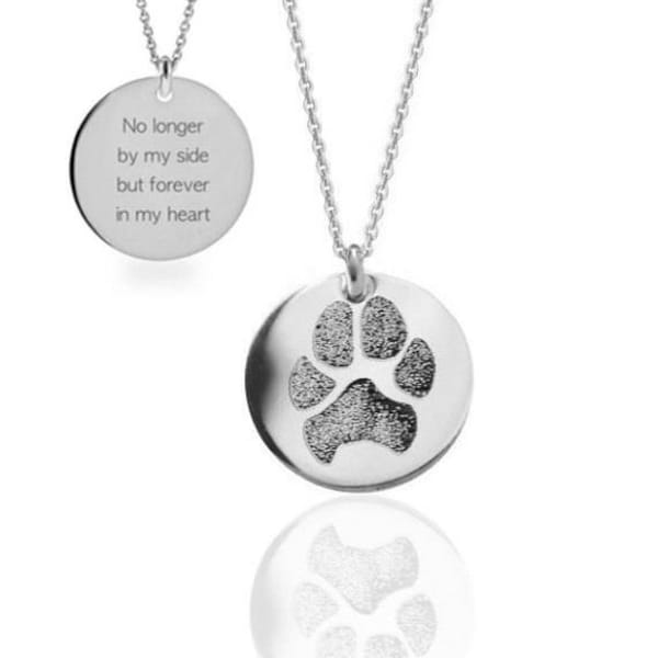 Your pet's actual paw print and quote custom engraved memorial pendant necklace Sterling silver or Gold filled Various diameters available