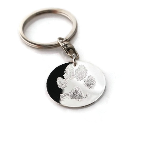 Your pet's actual paw or nose print personalized keychain on solid .925 sterling silver • dog or cat memorial pendant