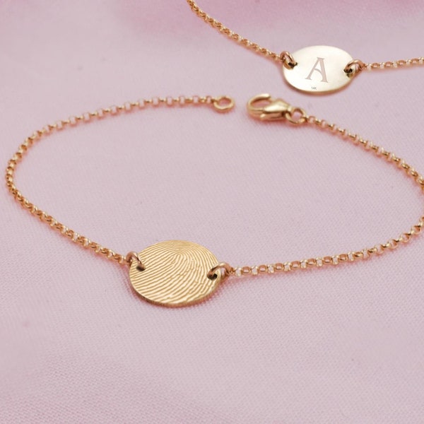 Solid 14k gold actual fingerprint or paw print segment rolo chain bracelet • hand or footprint charm • Custom engraved • real gold