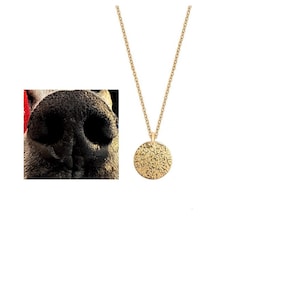 May include: A gold-coloured necklace featuring a textured, circular pendant. The chain is fine, and the pendant has a detailed, patterned surface. A close-up of a dog's nose is in the upper left corner.