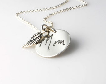 Actual handwriting engraved pendant & Angel wing charm  necklace in solid sterling silver - personalized memorial keepsake gift