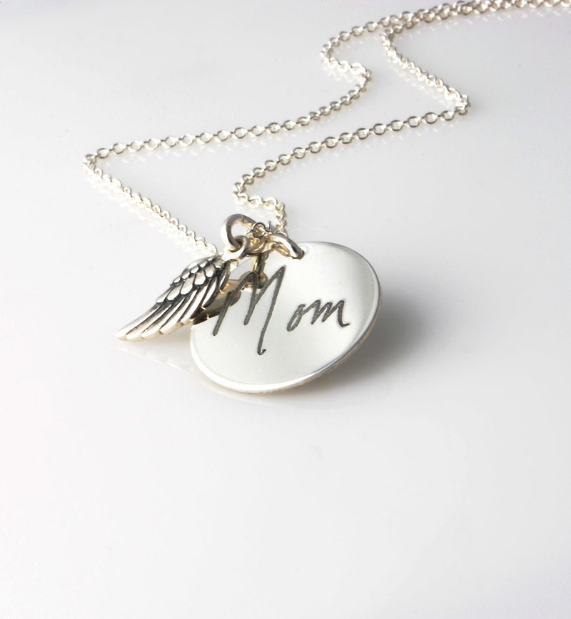Actual handwriting engraved pendant & Angel wing charm  necklace in s…
