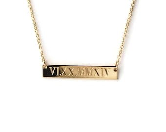 Custom Engraved 14k GOLD filled Roman Numeral horizontal bar nameplate necklace • personalized Wedding dates • Engagement • Anniversary