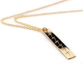 Actual Heartbeat vertical bar nameplate necklace | EKG | ECG | GOLD filled or silver personalized reversible sonogram necklace | new baby