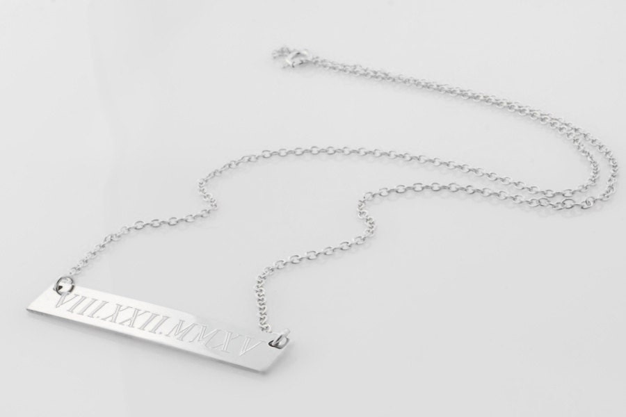 Roman numeral horizontal Bar nameplate necklace • sterling silver • e…