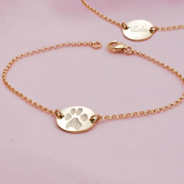 Solid 14k gold actual paw print rolo chain bracelet • Baby hand or footprint charm • Fingerprints • Custom engraved  • real gold