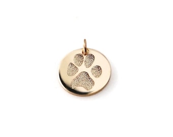 Solid 14k gold actual paw print pendant • Baby hand or footprint charm • Custom engraved • Pet memorial jewelry • white, rose & yellow gold