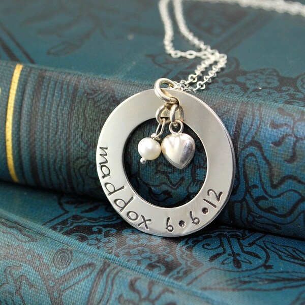 Personalized Mommy Necklace in Sterling Silver - circle washer pendant with pearl or crystal birthstone and puffy heart charm - New Mom