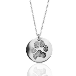 Your pet&#39;s actual paw print personalized pendant necklace in solid sterling silver, 14k yellow gold filled Remembrance memorial charm