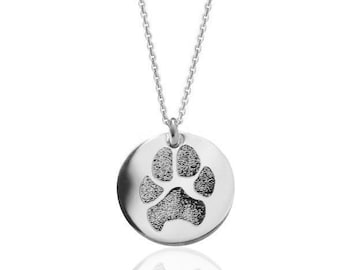 Your pet&#39;s actual paw print personalized pendant necklace in solid sterling silver, 14k yellow gold filled Remembrance memorial charm