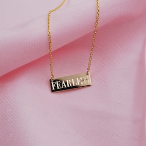 FEARLESS custom engraved horizontal tag pendant necklace in 14k gold fill or sterling silver • Personalized inspirational survivor charm