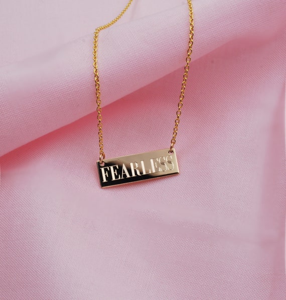FEARLESS custom engraved horizontal tag pendant necklace in 14k gold fill  or sterling silver • Personalized inspirational survivor charm