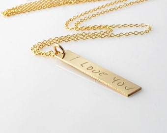 Actual handwriting & signatures engraved 14k gold fill or sterling silver vertical bar nameplate necklace - Memorial personalized jewelry