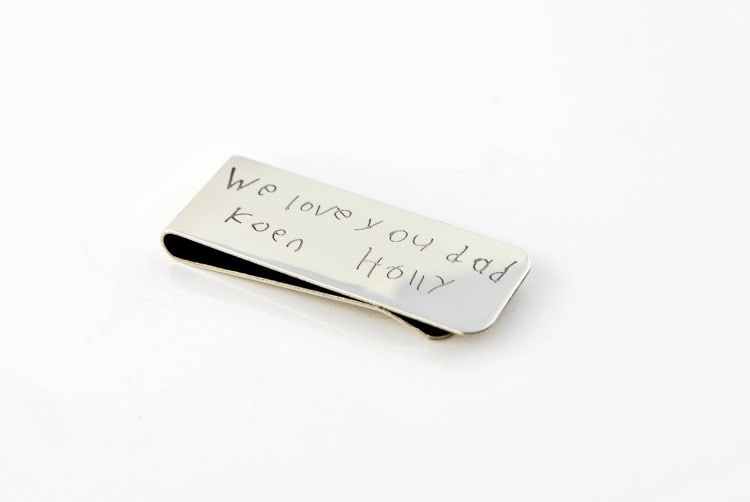 Actual Handwriting Money Clip in Nickel silver Your own or a beloved ones writing or artwork engraved keepsake Father's day Gifts for men