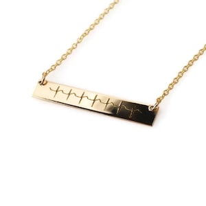Actual Heartbeat horizontal bar nameplate necklace | EKG | ECG | 14k GOLD filled personalized reversible sonogram necklace | new baby