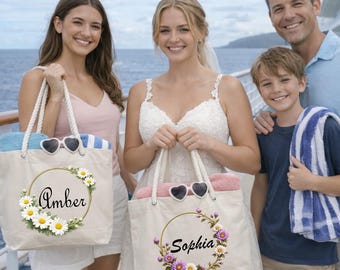 Personalized Birth Flower Rope Handle Tote Bag, Custom Canvas Gift for Her