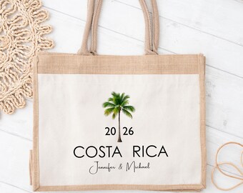 Custom Palm Tree Wedding Jute Tote Bag, Destination Guest Favor, Bridesmaid Gift Bag