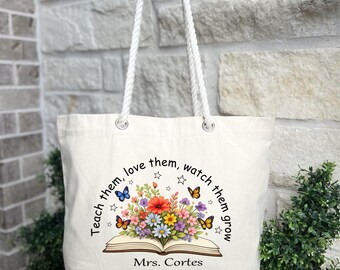 Customized Teacher Tote, Personalized Canvas Name Bag, Teacher Appreciation Gift