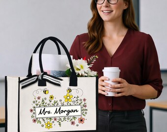 Personalized Teacher Tote Bag, Custom Name Floral Bee Design