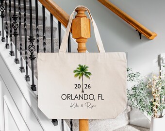 Custom Palm Tree Wedding Zippered Tote Bag, Destination Guest Favor, Bridesmaid Gift Bag