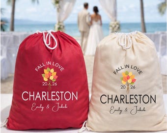 Custom Fall Wedding Drawstring Tote Bag, Destination Guest Favor, Bridesmaid Gift Bag