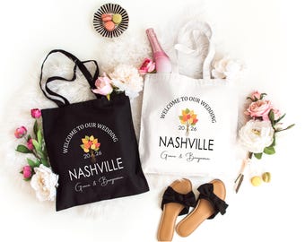 Customized Fall Wedding Promotional Tote Bag, Destination Guest Favor, Bridesmaid Gift Bag