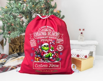 Personalized Grinchy Christmas Sacks, Family Matching Santa Bags for Holiday Cheer